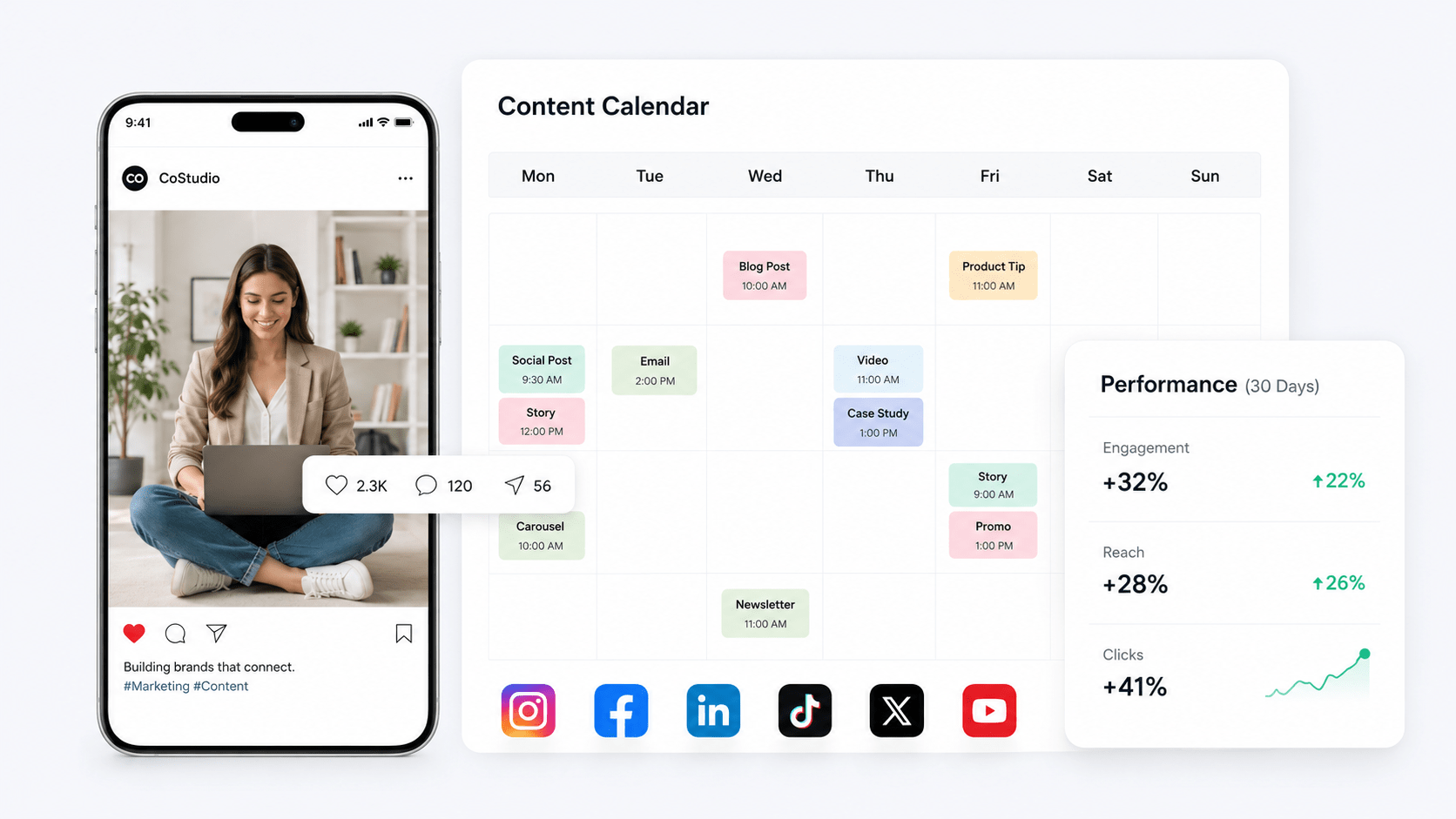 Datesh SM Manager content calendar and social media performance preview